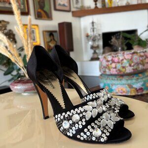 Emporio Armani Black Satin Crystal Embellished Peep-Toe Heels – Size 39